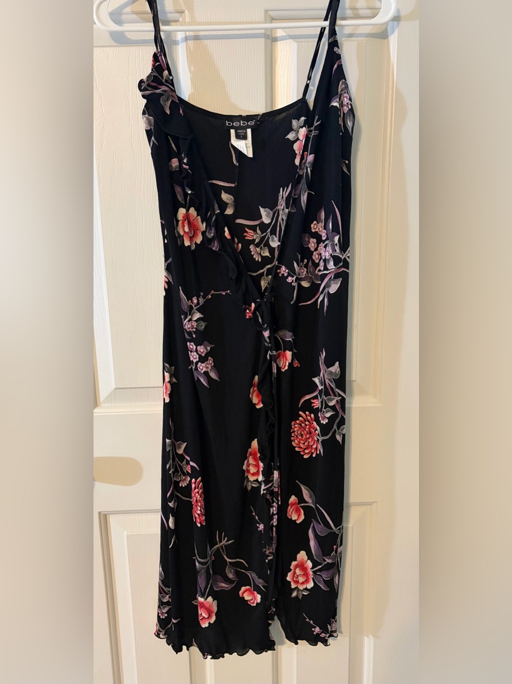 Bebe Black Floral Slip Dress with Pink and Purple Blooms